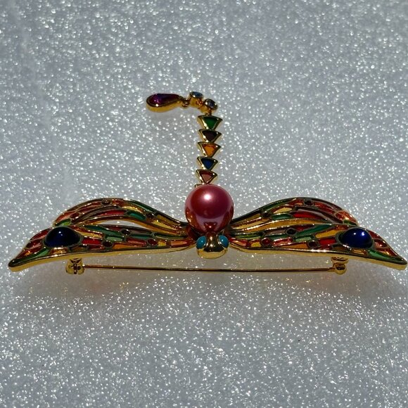 Elegant Joan Rivers Plique aJour Dragonfly Collectors Brooch 3" - Picture 5 of 6